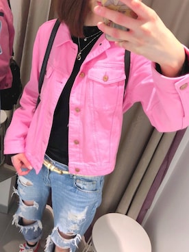 「H&M（エイチ・アンド・エム）のアイテム（デニムジャケット、ピンク系）」を使った、Sanamiiii!!!!さん（レディース・171cm）の春コーディネート