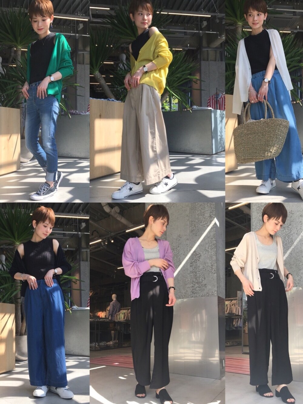 グリーン系のカーディガン/ボレロ、イエロー系のカーディガン/ボレロ、ホワイト系のカーディガン/ボレロを着用したレディースの春コーディネートの1枚目の写真