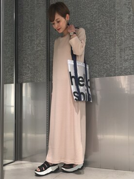 「ワッフルクルーネックＴ」｜「アイテム（ワンピース/ドレス）」を使った、RIHOさん（レディース・150cm）の夏コーディネート