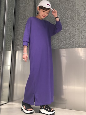 「ワッフルクルーネックＴ」｜「アイテム（ワンピース/ドレス）」を使った、RIHOさん（レディース・150cm）の夏コーディネート