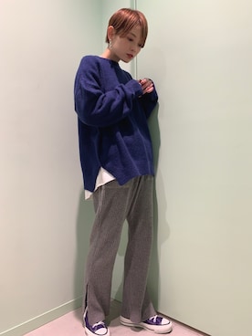 「ブルーニット」｜「アイテム（その他）」を使った、RIHOさん（レディース・150cm）の秋コーディネート