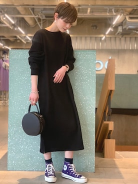 「ラウンドバッグ」｜「アイテム（ワンピース/ドレス）」を使った、RIHOさん（レディース・150cm）の冬コーディネート