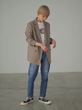 「ゆるコーデ」｜「アイテム（テーラードジャケット、その他）」を使った、RIHOさん（レディース・150cm）の冬コーディネート