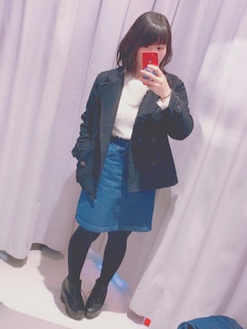 「白ニット」｜「アイテム（ピーコート）」を使った、ふかせさん（レディース・155cm）の冬コーディネート
