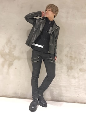 「FUGA（フーガ）のアイテム（ライダースジャケット）」を使った、翔太さん（メンズ・165cm）の冬コーディネート
