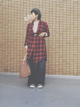 「mat quotidien（マトコテディアン）のアイテム（シャツ/ブラウス、レッド系）」を使った、chiikoさん（レディース・156cm）の冬コーディネート