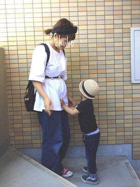 「GU（ジーユー）のアイテム（Tシャツ/カットソー、ホワイト系）」を使った、chiikoさん（レディース・156cm）の春コーディネート