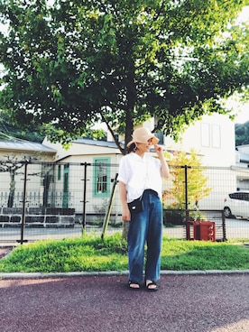 「Handmade（ハンドメイド）のアイテム（ハット、ベージュ系）」を使った、chiikoさん（レディース・156cm）の夏コーディネート