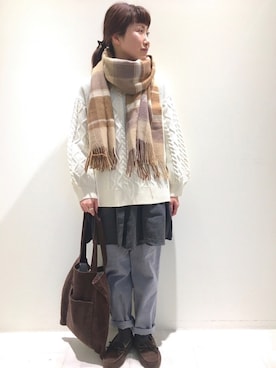 「ケーブルニット」｜「アイテム（モカシン/デッキシューズ）」を使った、キノシタさん（レディース・158cm）の冬コーディネート
