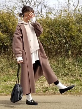 「巾着バッグ」｜「アイテム（チェスターコート）」を使った、shatomiiさん（レディース・164cm）の春コーディネート