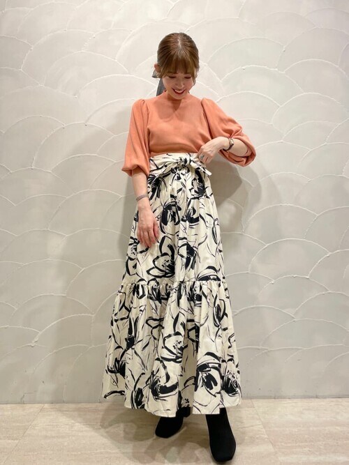 セール】モノフラワープリントリボンウエストティアードスカート  