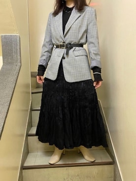 「UNIQLO（ユニクロ）のツイストプリーツロングスカート（スカート、ブラック系）」を使った、おみずさん（レディース・156cm）の秋コーディネート