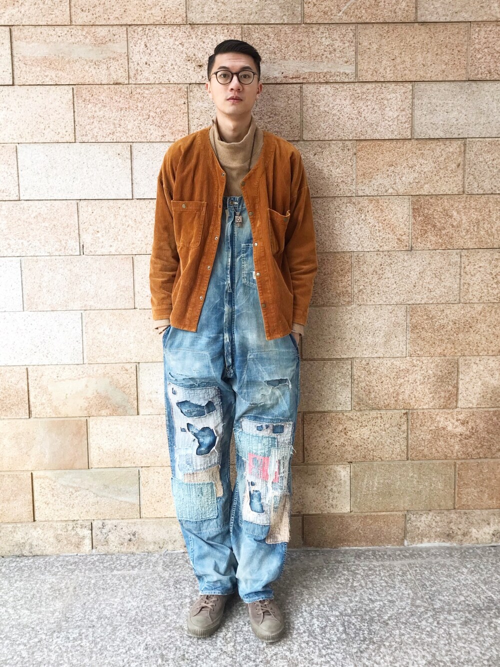 「ootd、Gypsy&sons 、ANACHRONORM、Boro、REMAKE、denim、Moonstar」｜「GYPSY&SONSのアイテム（ノーカラージャケット、オレンジ系）」を使った、lotus0221さん（メンズ・188cm）の冬コーディネートの1枚目の写真