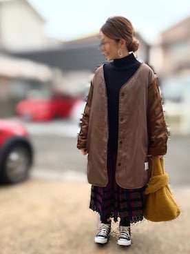 「ボリュームニット」｜「アイテム（ノーカラーコート）」を使った、Maya☺︎さん（レディース・154cm）の冬コーディネート