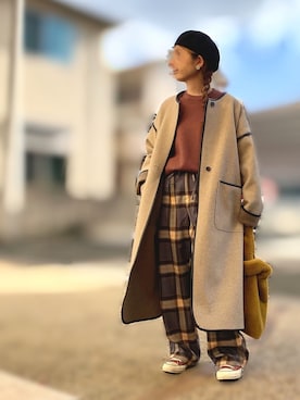 「パイピングコート」｜「アイテム（ハンチング/ベレー帽）」を使った、Maya☺︎さん（レディース・154cm）の冬コーディネート