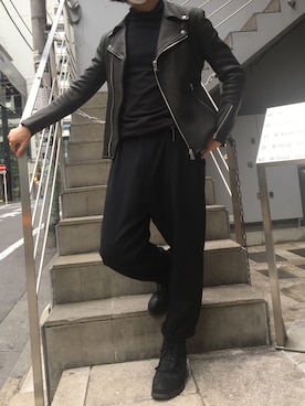 「ISAMU KATAYAMA BACKLASH（イサムカタヤマバックラッシュ）のアイテム（ライダースジャケット）」を使った、yk@さん（メンズ・178cm）の秋コーディネート