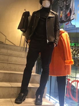 「ISAMU KATAYAMA BACKLASH（イサムカタヤマバックラッシュ）のアイテム（ライダースジャケット）」を使った、yk@さん（メンズ・178cm）の秋コーディネート