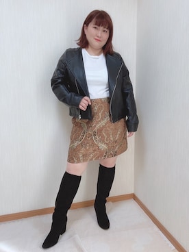 「ぽっちゃりコーデ」｜「アイテム（ライダースジャケット）」を使った、Mayuさん（レディース・152cm）の冬コーディネート