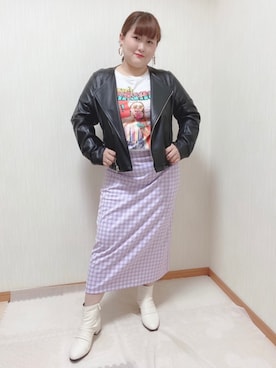 「ぽっちゃりコーデ」｜「アイテム（ライダースジャケット）」を使った、Mayuさん（レディース・152cm）の春コーディネート