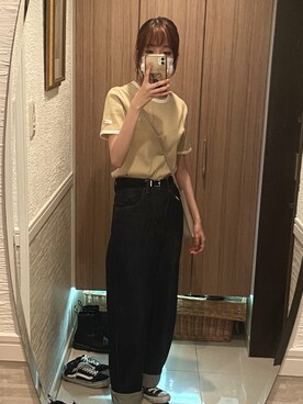 「VANNIE U（ヴァニーユー）のハーフボーダーリンガーT（Tシャツ/カットソー、イエロー系）」を使った、あんこさん（レディース・161cm）の夏コーディネート