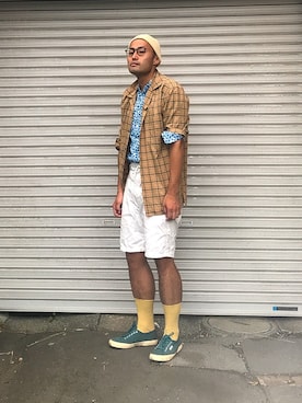 「ネオンイエロー」｜「アイテム（ニットキャップ/ビーニー）」を使った、リューマさん（メンズ・170cm）の夏コーディネート