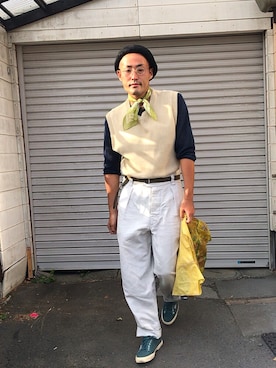 「MARGARET HOWEEL」｜「アイテム（パンツ）」を使った、リューマさん（メンズ・170cm）の夏コーディネート