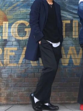 「チェスター」｜「アイテム（スラックス）」を使った、あっしーさん（メンズ・177cm）の冬コーディネート