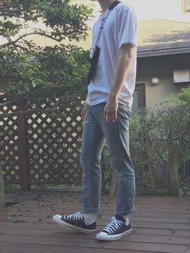 「HANES（ヘインズ）の【Hanes/ヘインズ】ジャパンフィット JAPAN FIT 【2枚組】クルーネックTシャツ（Tシャツ/カットソー、ホワイト系）」を使った、凛さん（メンズ・170cm）の夏コーディネート