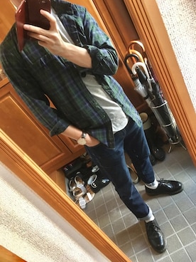 「タータンチェック」｜「アイテム（アナログ腕時計）」を使った、ぺろすさん（メンズ・168cm）の秋コーディネート