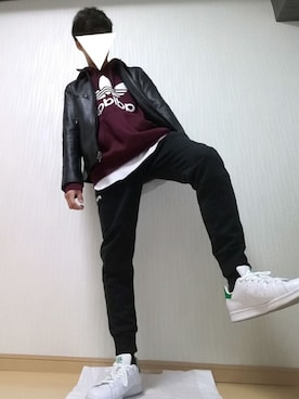 「ワインレッド」｜「アイテム（ライダースジャケット）」を使った、光さん（メンズ・167cm）の秋コーディネート