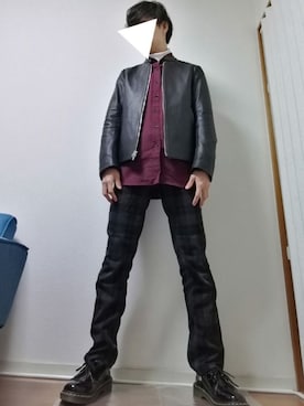 「ワインレッド」｜「アイテム（ライダースジャケット）」を使った、光さん（メンズ・167cm）の冬コーディネート