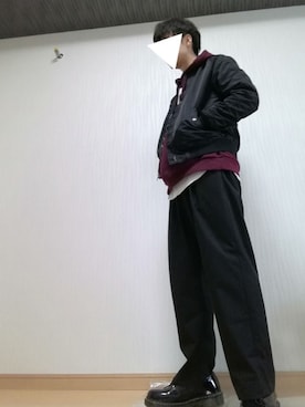 「ワインレッド」｜「アイテム（MA-1）」を使った、光さん（メンズ・167cm）の冬コーディネート