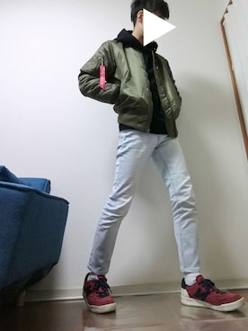 「ワインレッド」｜「アイテム（MA-1）」を使った、光さん（メンズ・167cm）の春コーディネート