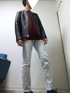 「ワインレッド」｜「アイテム（ライダースジャケット）」を使った、光さん（メンズ・167cm）の秋コーディネート