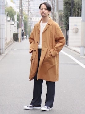 「フレア」｜「アイテム（ステンカラーコート）」を使った、Yasさん（メンズ・173cm）の冬コーディネート