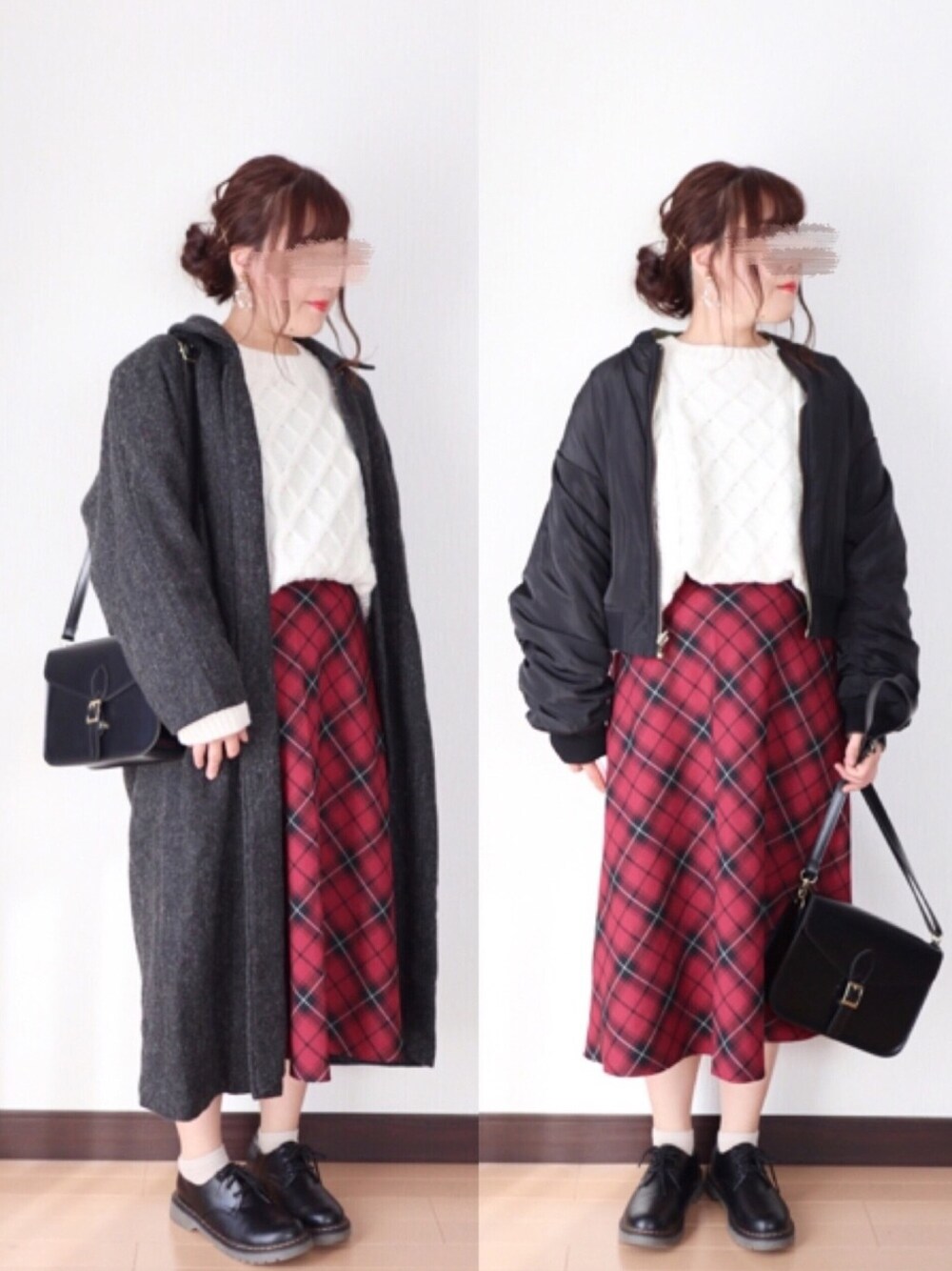 ホワイト系のニット/セーター、レッド系のスカート、ブラック系のショルダーバッグを着用したレディースの秋コーディネートの1枚目の写真