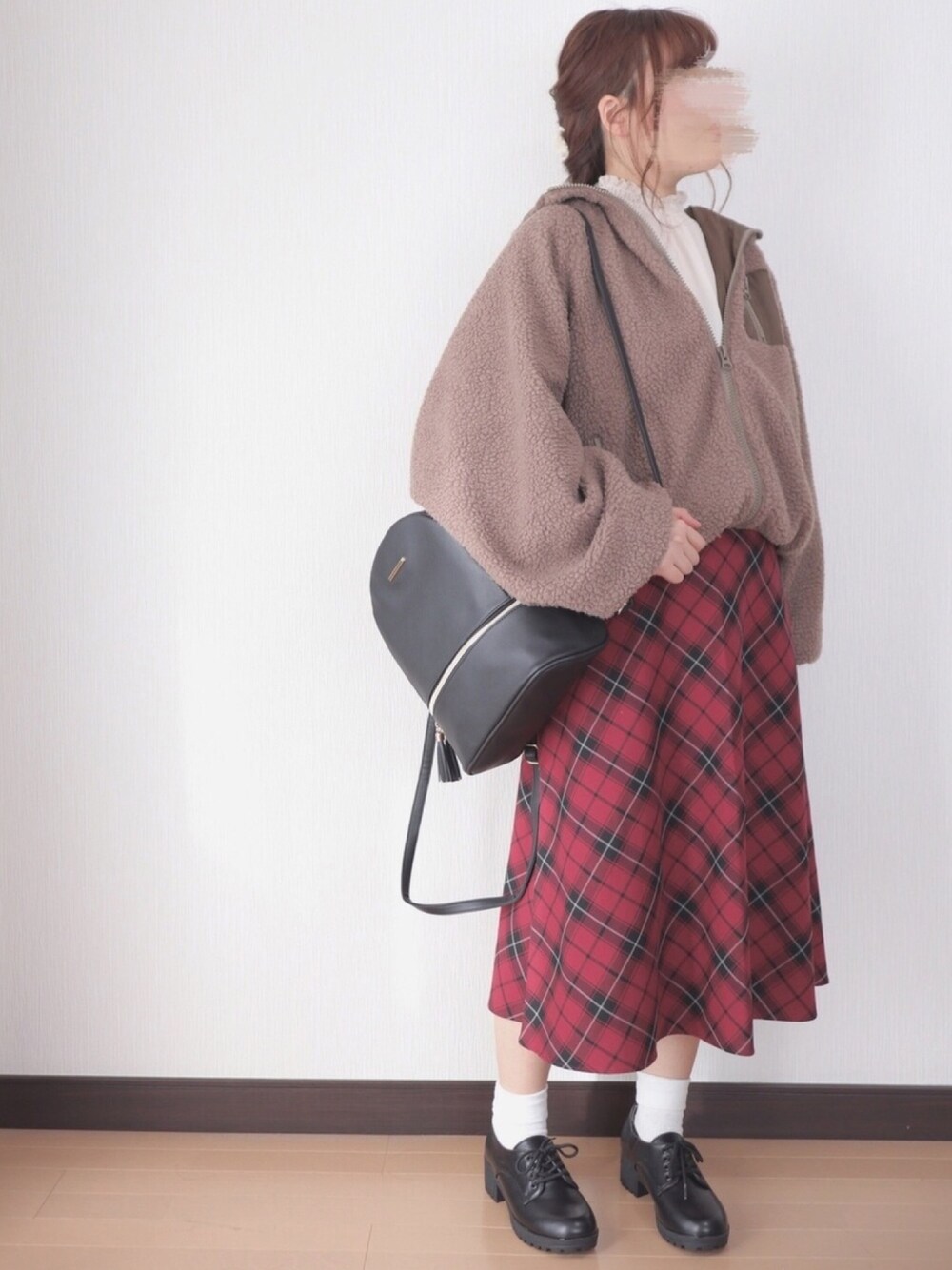 「低身長、ぽっちゃり、プチプラ、ボア、ユニクロ、アプレジュール、しまむら、スカート、リュック、ゆるコーデ」｜「横📸のアイテム（その他、その他）」を使った、nae＊°さん（レディース・154cm）の冬コーディネートの1枚目の写真