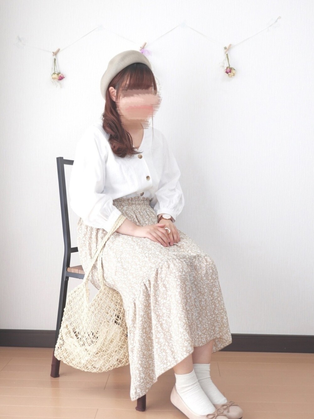 「低身長、ぽっちゃり、プチプラ、しまむら、GU、ガーリー、スカート、花柄、ベレー帽、大人ガーリー」｜「後ろ📸のアイテム（その他、その他）」を使った、nae＊°さん（レディース・154cm）の春コーディネートの1枚目の写真