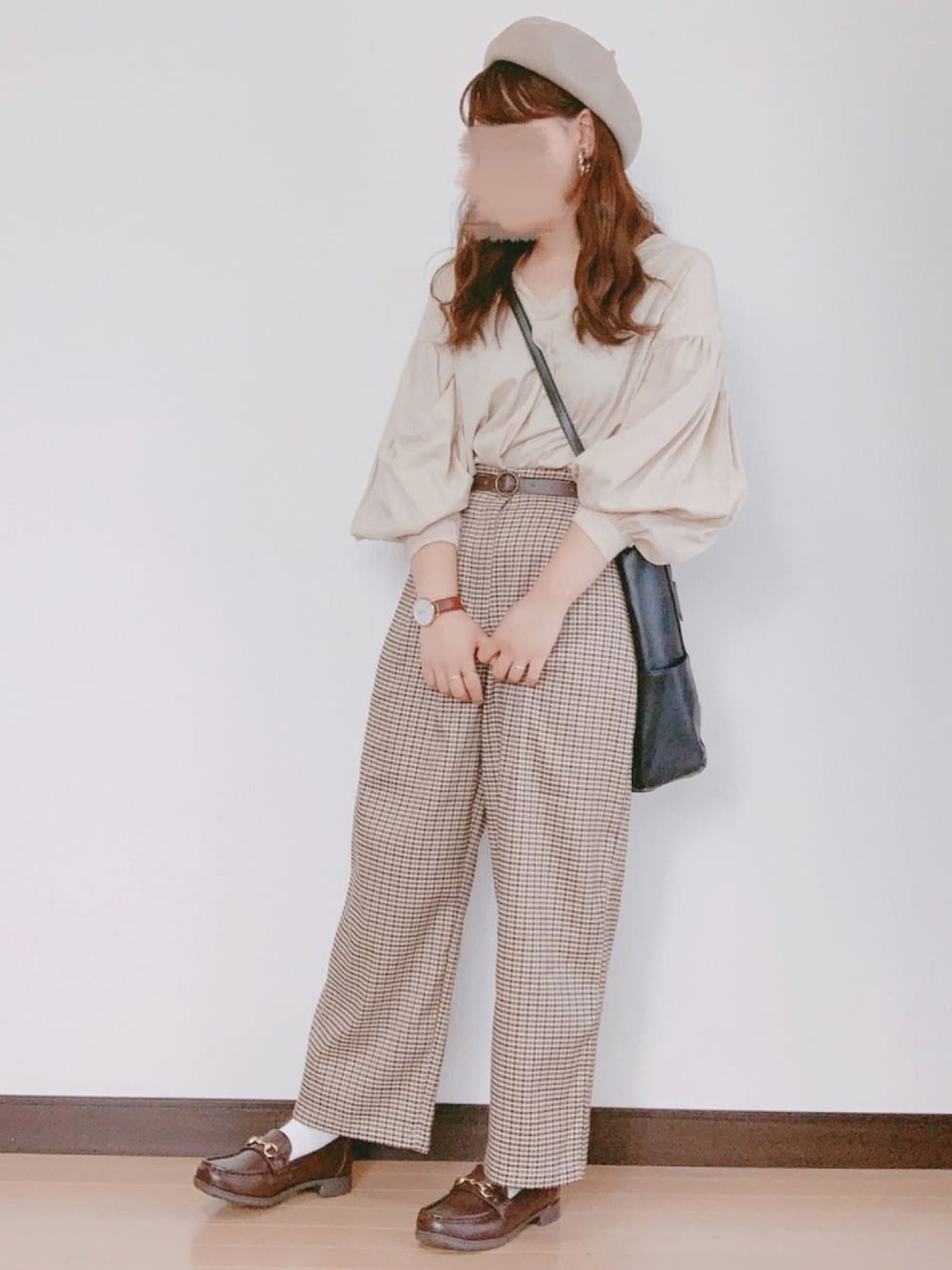 「秋冬コーデ、低身長、ぽっちゃり、プチプラ、しまむら、ベレー帽、チェック、ローファー、ベージュ、プチプラのあや×しまむら」｜「別📸のアイテム（その他、その他）」を使った、nae＊°さん（レディース・154cm）の秋コーディネートの1枚目の写真
