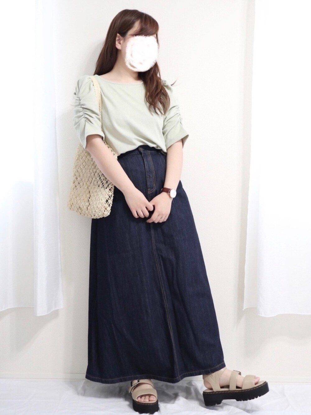 「低身長、ぽっちゃり、プチプラ、GU、しまむら、ピスタチオ、デニム、ロングスカート、春夏コーデ、カジュアルコーデ」｜「別📸のアイテム（その他、その他）」を使った、nae＊°さん（レディース・154cm）の夏コーディネートの1枚目の写真
