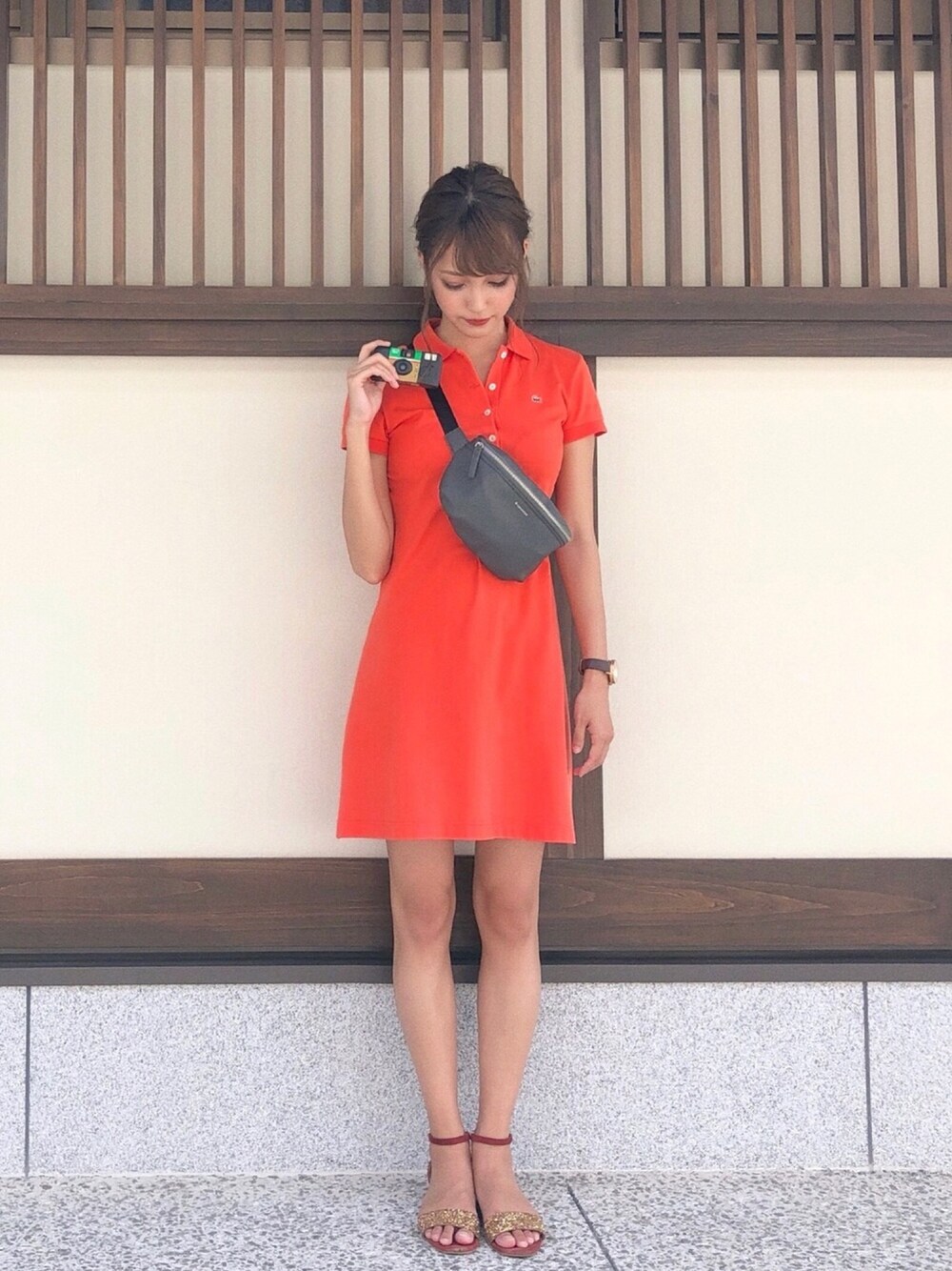 「旅行、旅行コーデ、LACOSTE、宮島」｜「LACOSTEのアイテム（ワンピース/ドレス、ピンク系）」を使った、M.さん（レディース・169cm）の秋コーディネートの1枚目の写真