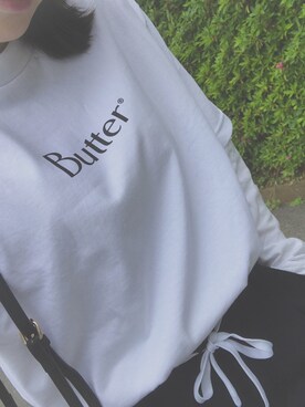 「buttergoodsのアイテム（Tシャツ/カットソー、ホワイト系）」を使った、ʚ♥ɞ にゃんぐう〜 さん（レディース・157cm）の春コーディネート