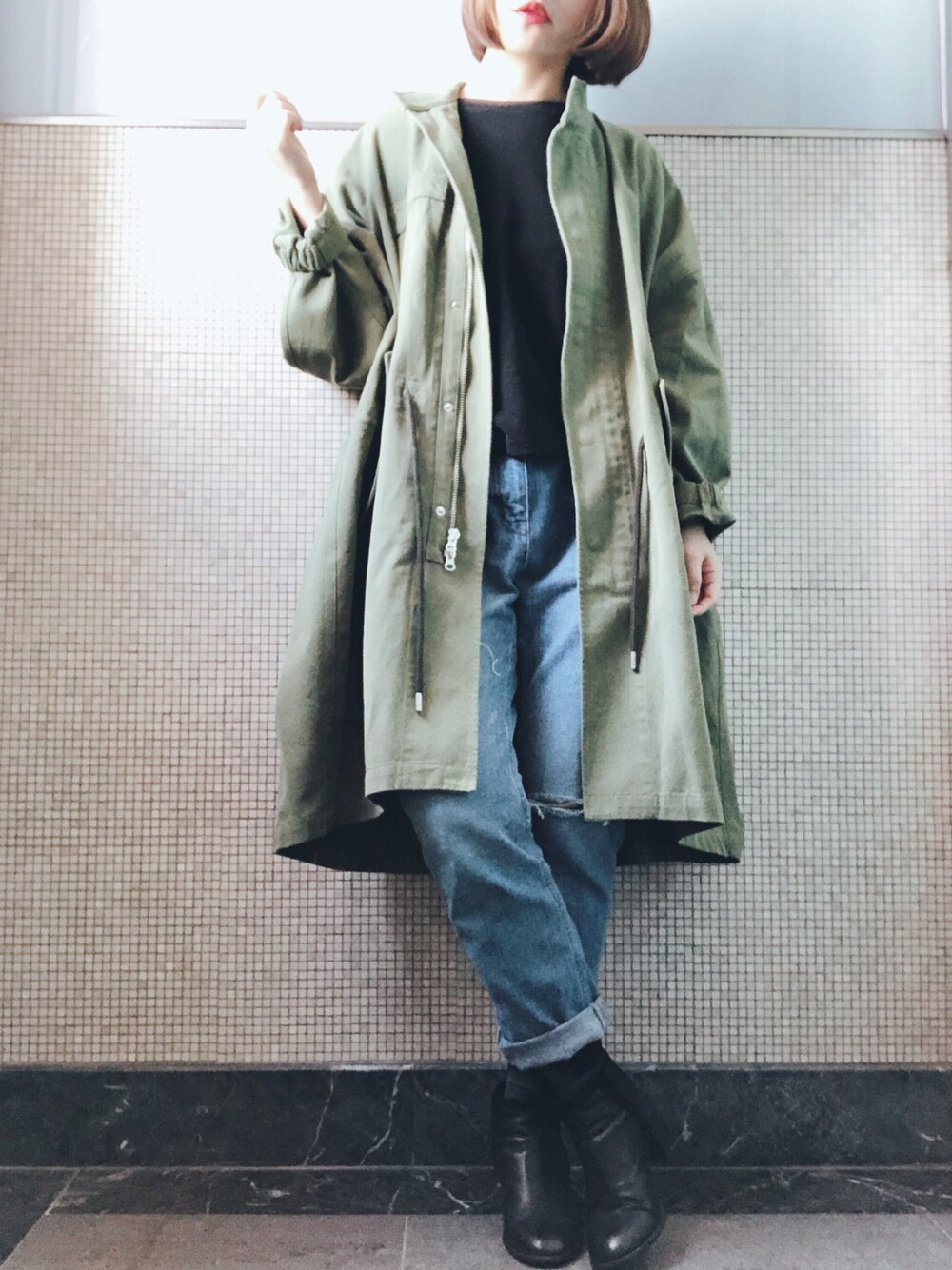 「ootd、ootdtw、ootdfashion、ootdshare、mamafashion、mamastyle」｜「ANOTHER PLANETのアイテム（ミリタリージャケット、グリーン系）」を使った、____慕·Mu____さん（レディース・159cm）の冬コーディネートの1枚目の写真