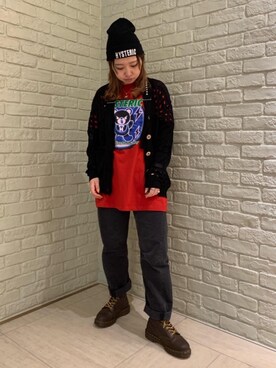 「ロックコーデ」｜「アイテム（ニットキャップ/ビーニー）」を使った、MIUKIさん（レディース・157cm）の冬コーディネート