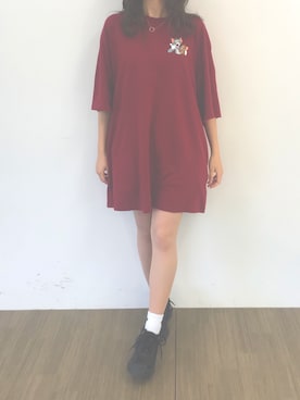 「H&M（エイチ・アンド・エム）のアイテム（シャツワンピース、レッド系）」を使った、じゅねさん（レディース・166cm）の夏コーディネート
