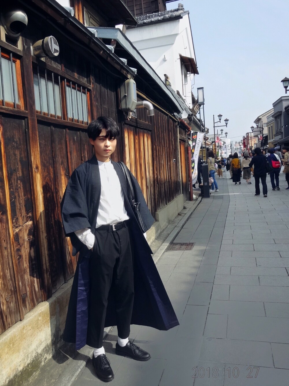 「秋コーデ、ユニクロ、着物、古着、スラックス、襟なしシャツ、革靴、紺、和服、お気に入り」｜「Right-onの【BACKNUMBER】ムジバンドカラーシャツ（シャツ/ブラウス、ホワイト系）」を使った、ryomaさん（メンズ・167cm）の秋コーディネートの1枚目の写真