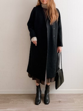 「KBF（ケイビーエフ）のアイテム（ノーカラーコート）」を使った、anmiさん（レディース・156cm）の冬コーディネート