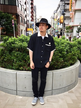 「Subciety（サブサエティ）のアイテム（スリッポン）」を使った、小原 壮大朗さん（メンズ・183cm）の夏コーディネート
