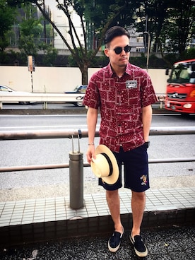 「柄シャツ」｜小原 壮大朗さん（メンズ・183cm）の夏コーディネート