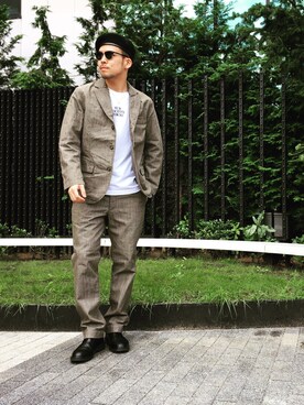 「Subciety（サブサエティ）のアイテム（ハンチング/ベレー帽）」を使った、小原 壮大朗さん（メンズ・183cm）の夏コーディネート